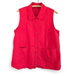 Womens Sleeveless Red Linen Button-Up Tunic Shirt With Pockets